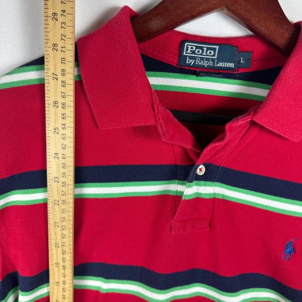 Polo Ralph Lauren Mens Large Red Striped Short Sleeve Cotton Pique Polo Shirt